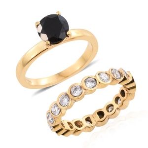 Black Spinel 18K YGP Eternity Band Ring Set-NEW